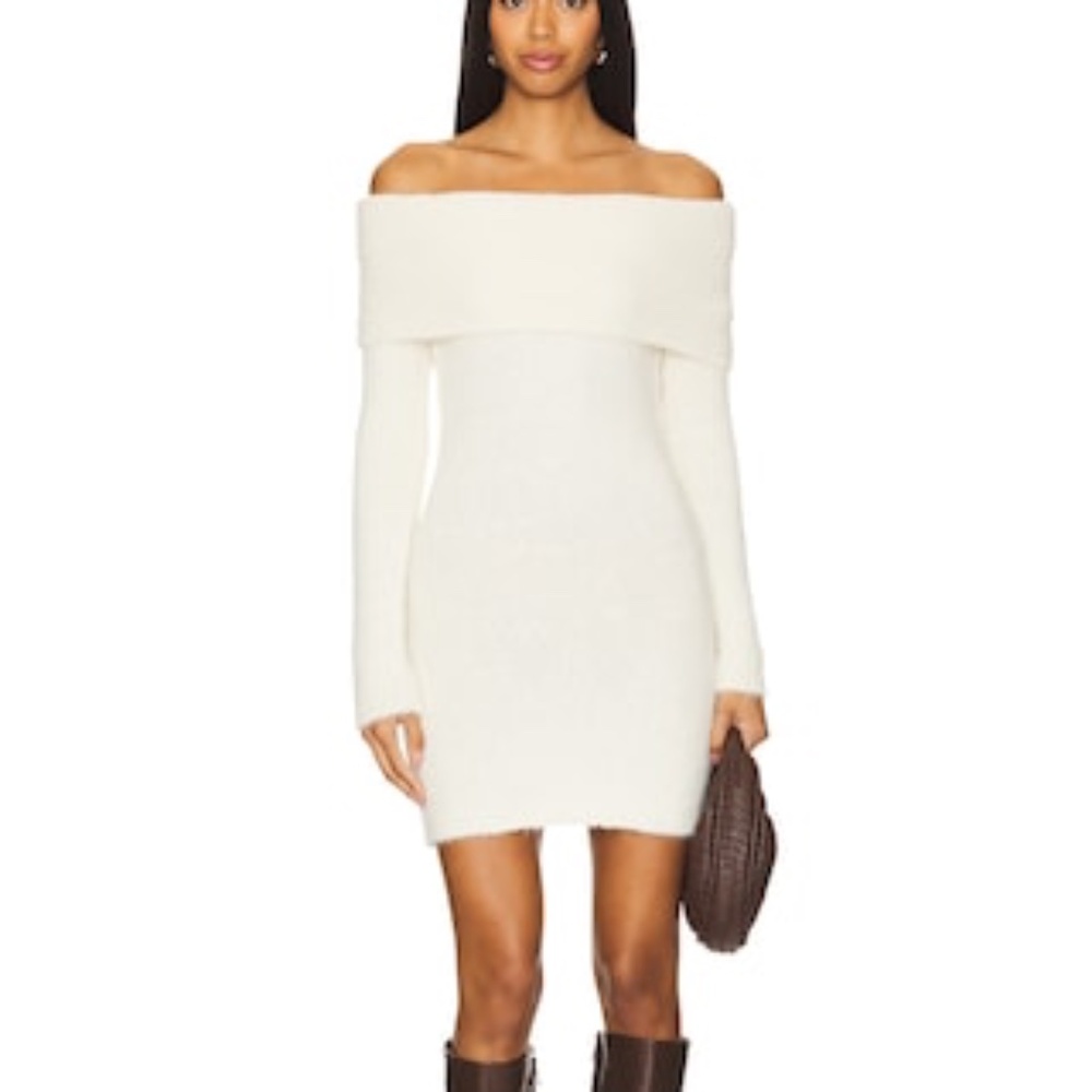 Off-Shoulder Long Sleeve Mini Dress in Cream